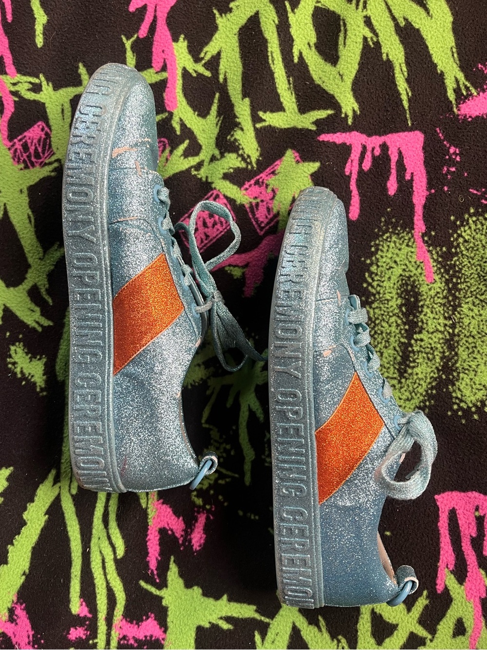 Opening Ceremony blue glitter sneakers with orange glitter stripe
